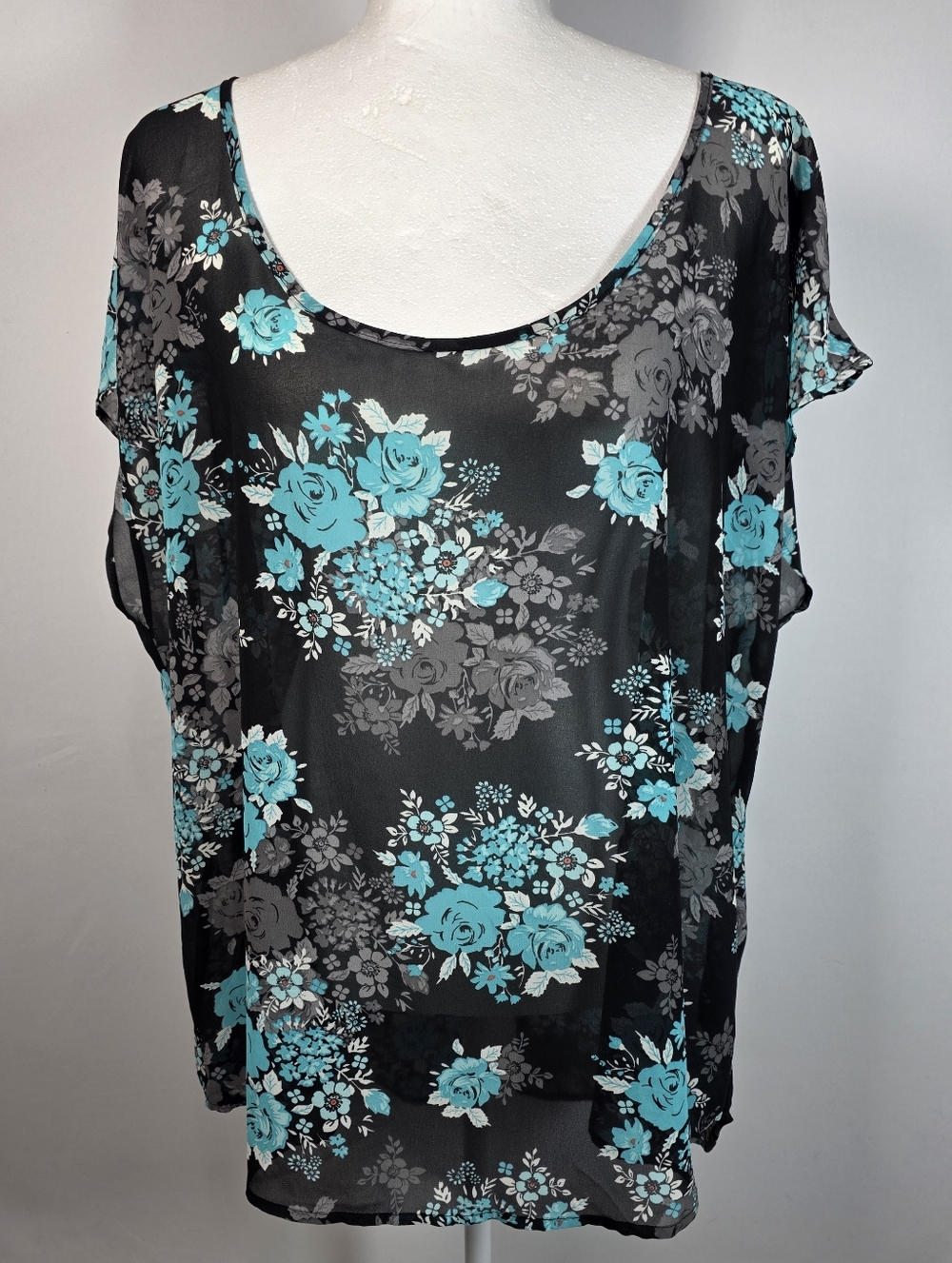 Torrid 1X Sheer Floral Blouse Black Blue Chiffon Plus Size Top